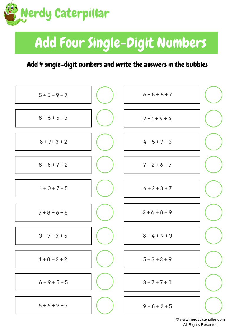 Add four single digit numbers worksheet