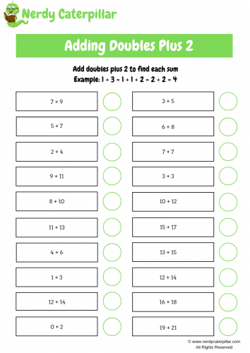 Adding Doubles Plus 2 Simple Addition Worksheet