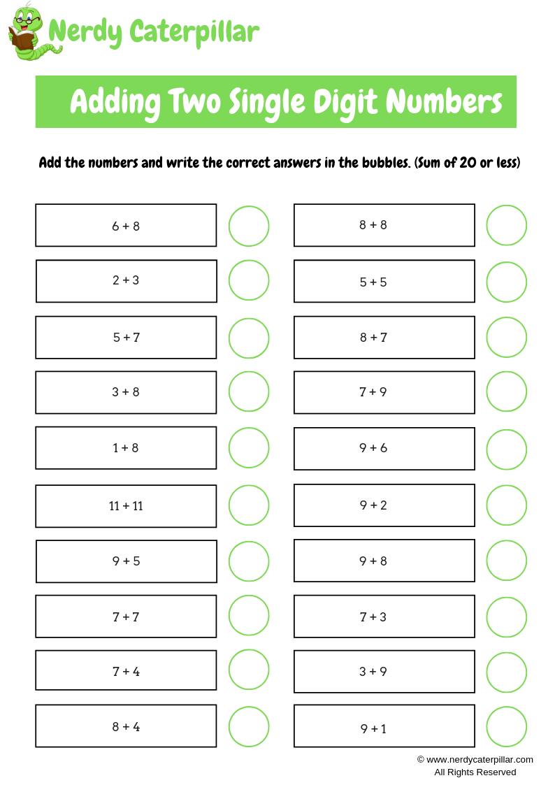 Adding Two Single Digit Numbers Addition Worksheet