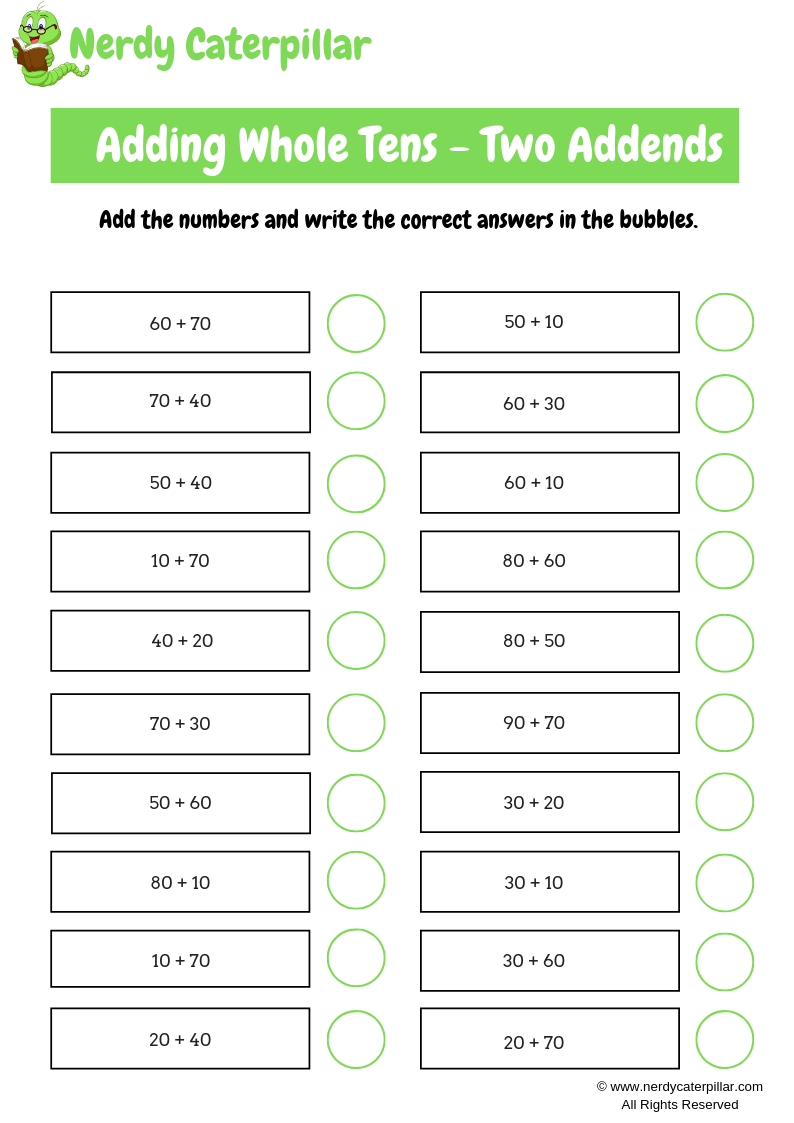 Adding whole tens worksheet for kids