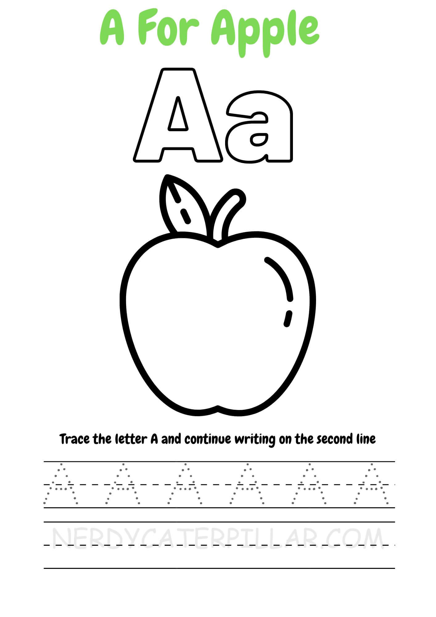 A for Apple worksheet for kids