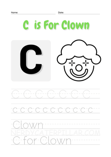 C for Clown worksheet for kids